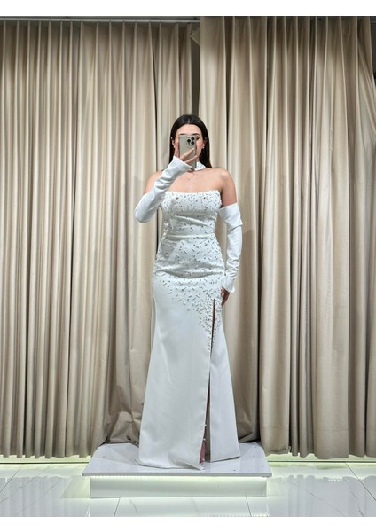 Beyaz Taş Işlemeli Balık Model Eldivenli Abiye 5165