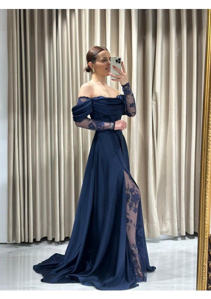 Lacivert Kayık Yaka Dantel Kollu Abiye Elbise 5561