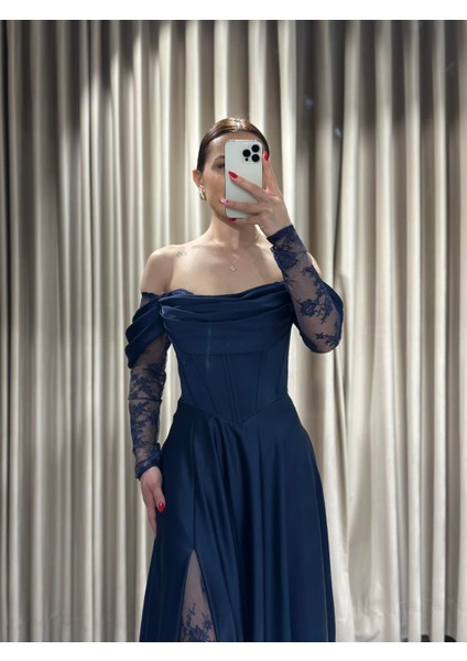 Lacivert Kayık Yaka Dantel Kollu Abiye Elbise 5561 fiyatları