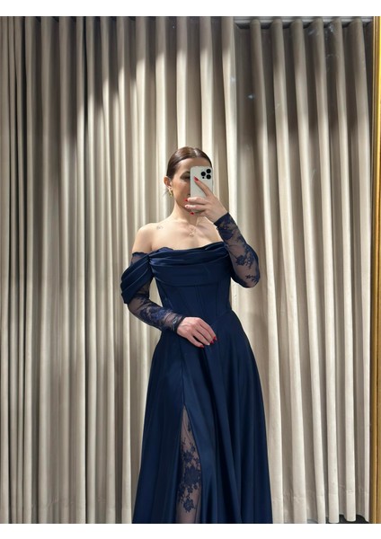 Lacivert Kayık Yaka Dantel Kollu Abiye Elbise 5561 modelleri