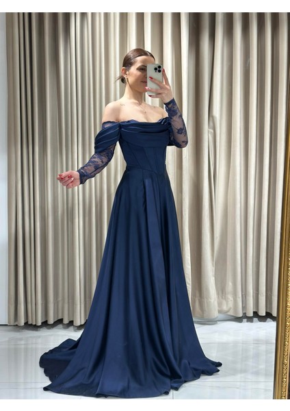 Lacivert Kayık Yaka Dantel Kollu Abiye Elbise 5561 fırsatları
