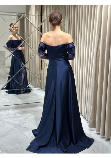 Lacivert Kayık Yaka Dantel Kollu Abiye Elbise 5561 indirimleri