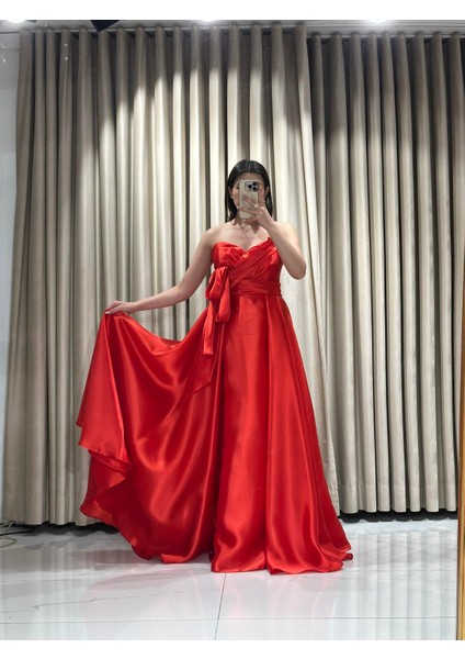 Kırmızı Straptez Eteği Kiloş Cep Detaylı Saten Abiye Elbise EN5207 5207