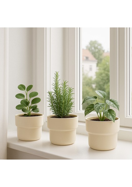 Dekoratif Plastik Saksı 3 Adet Krem 11 cm SEH-4619