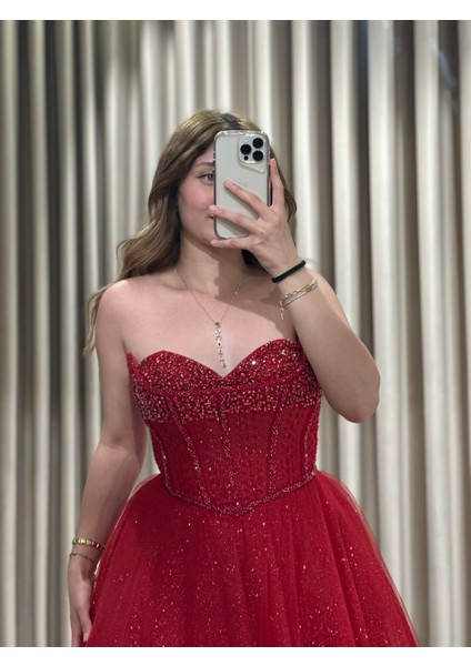 Kırmızı Çift Yaka Prenses Model Nişanlık-Abiye modelleri