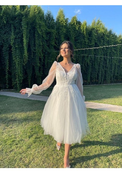 Beyaz Yıldızlar Kadın Balon Kollu Gögsü Güpürlü Tül Etekli Midi Abiye Fn7071b 7071