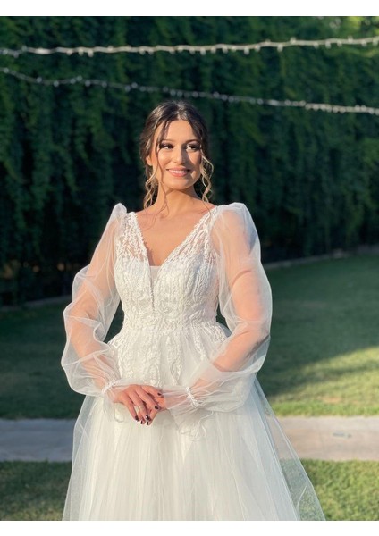 Beyaz Yıldızlar Kadın Balon Kollu Gögsü Güpürlü Tül Etekli Midi Abiye Fn7071b 7071 fiyatları