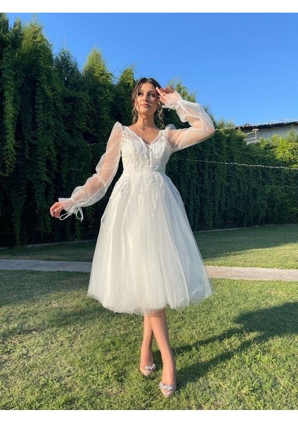 Beyaz Yıldızlar Kadın Balon Kollu Gögsü Güpürlü Tül Etekli Midi Abiye Fn7071b 7071 modelleri