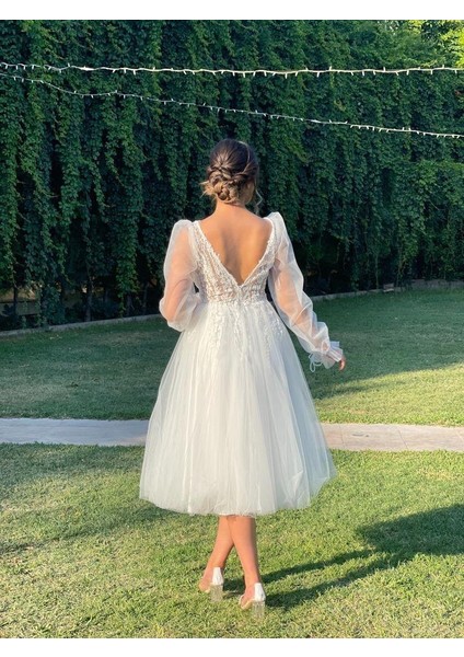 Beyaz Yıldızlar Kadın Balon Kollu Gögsü Güpürlü Tül Etekli Midi Abiye Fn7071b 7071 fırsatları