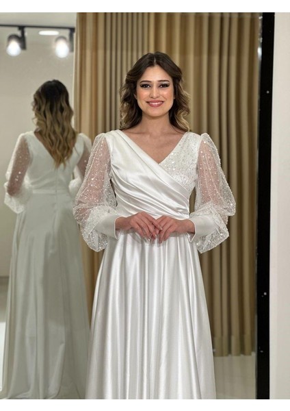 Beyaz Pullu Uzun Kollu Saten Yeni Sezon Abiye Elbise GS7050 7050