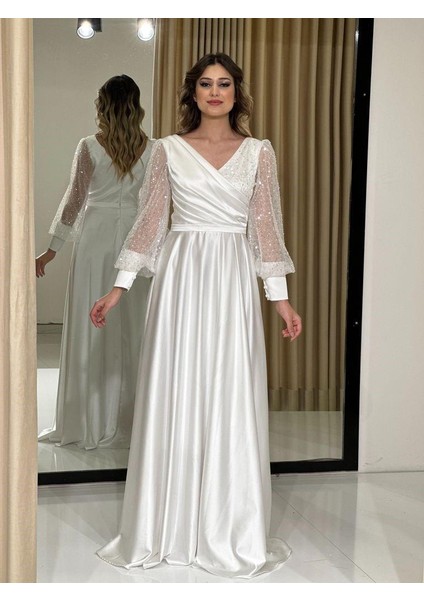 Beyaz Pullu Uzun Kollu Saten Yeni Sezon Abiye Elbise GS7050 7050 fiyatları