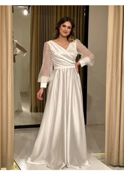 Beyaz Pullu Uzun Kollu Saten Yeni Sezon Abiye Elbise GS7050 7050 modelleri