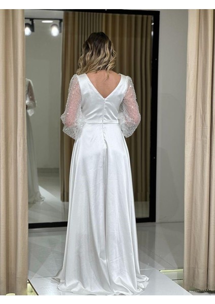 Beyaz Pullu Uzun Kollu Saten Yeni Sezon Abiye Elbise GS7050 7050 fırsatları