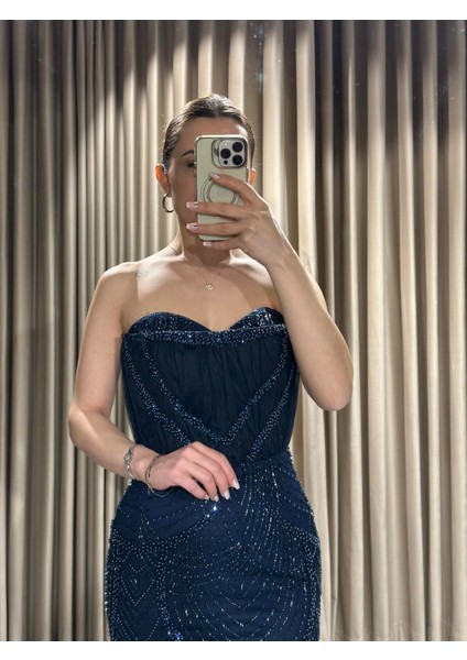 Lacivert Kedi Yaka Boncuk Işlemeli Balık Abiye 5559 fırsatları