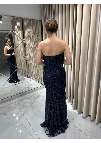 Lacivert Kedi Yaka Boncuk Işlemeli Balık Abiye 5559 indirimleri