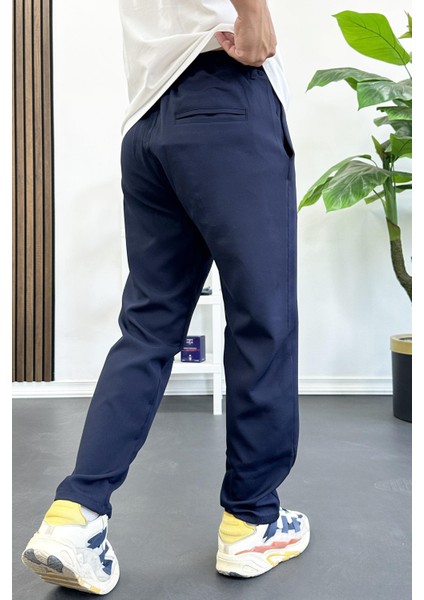 Erkek Slim Fit Beli Ipli Düğmeli Pantolon Lacivert EDW403