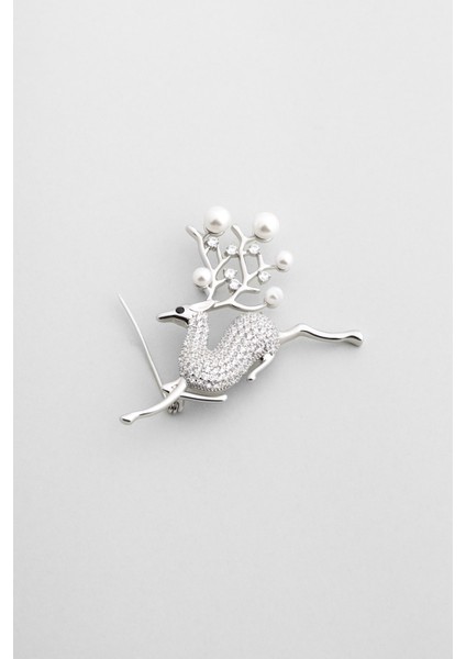 Ren Geyiği 18 Ayar Beyaz Altın Kaplama Gümüş Broş