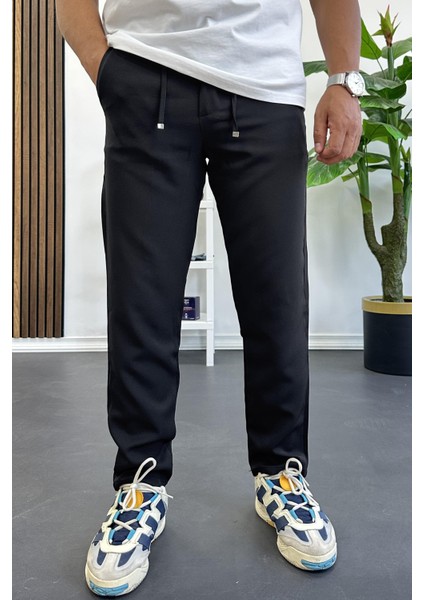 Erkek Slim Fit Beli Ipli Düğmeli Pantolon Siyah EDW403