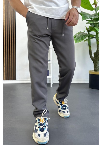 Erkek Slim Fit Beli Ipli Düğmeli Pantolon Gri EDW403