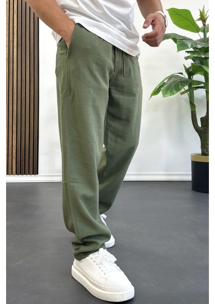 Erkek Rahat Kalıp Keten Görünümlü Pamuklu Beli Lastikli Pantolon Yeşil EDW404