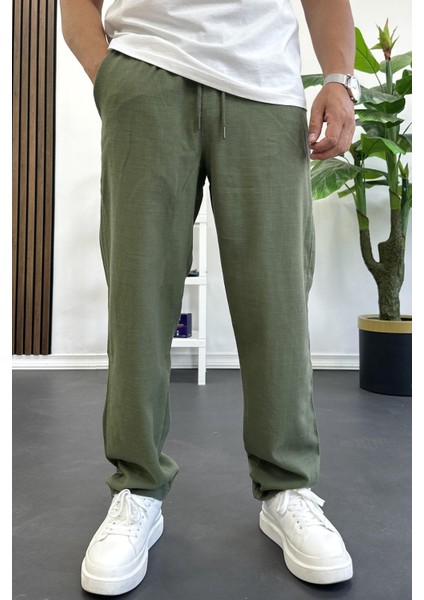 Erkek Rahat Kalıp Keten Görünümlü Pamuklu Beli Lastikli Pantolon Yeşil EDW404 fiyatları