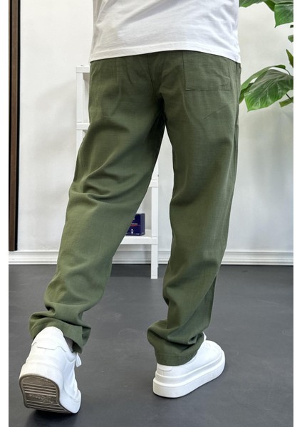 Erkek Rahat Kalıp Keten Görünümlü Pamuklu Beli Lastikli Pantolon Yeşil EDW404 modelleri