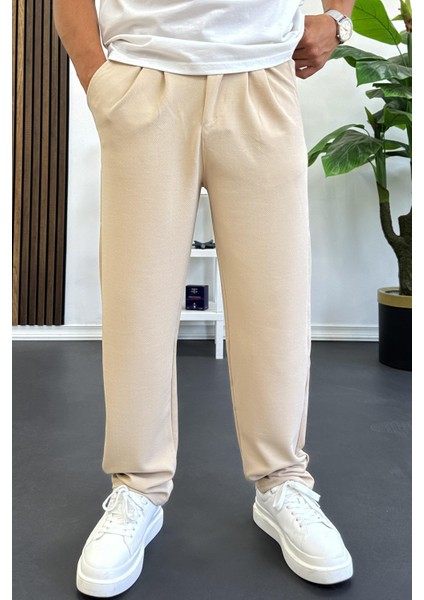 Erkek Rahat Kalıp Pileli Pantolon Krem EDW402