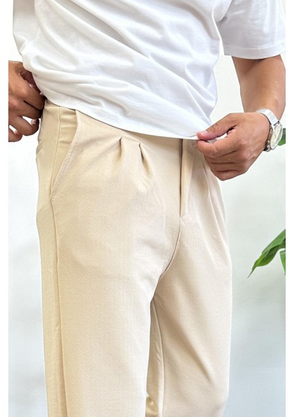 Erkek Rahat Kalıp Pileli Pantolon Krem EDW402 modelleri