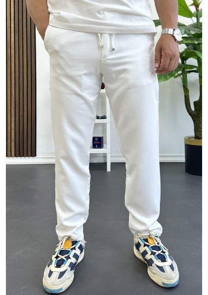 Erkek Slim Fit Beli Ipli Düğmeli Pantolon Beyaz EDW403