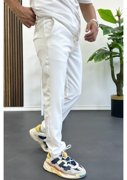 Erkek Slim Fit Beli Ipli Düğmeli Pantolon Beyaz EDW403 modelleri