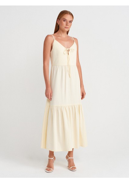 90575 Uzun Dekolte Denim Elbise-Sarı