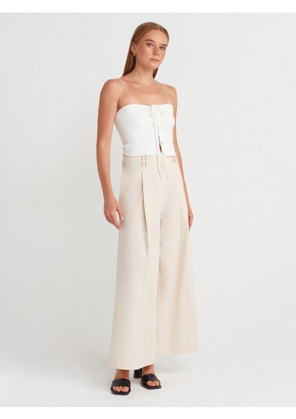 71634 Pilili Geniş Paça Pantolon-Ekru