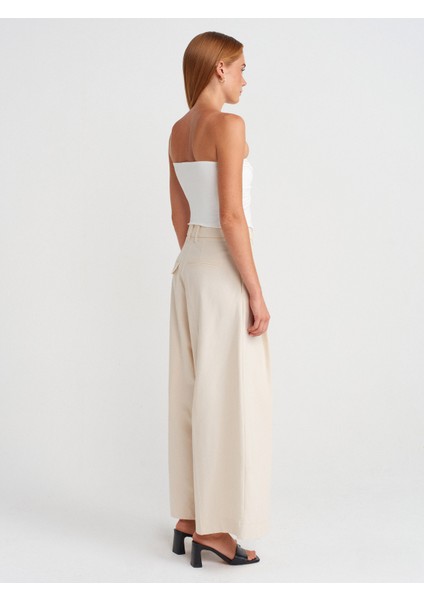 71634 Pilili Geniş Paça Pantolon-Ekru fiyatları