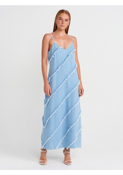 90574 Parçalı Uzun Denim Elbise-Mavi