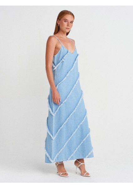 90574 Parçalı Uzun Denim Elbise-Mavi fırsatları