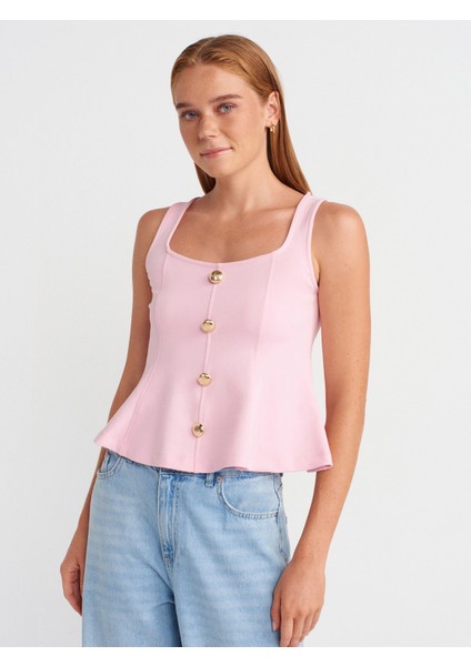 31979 Düğmeli Peplum Top-Toz Pembe