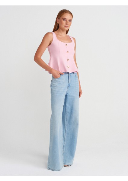 31979 Düğmeli Peplum Top-Toz Pembe fırsatları