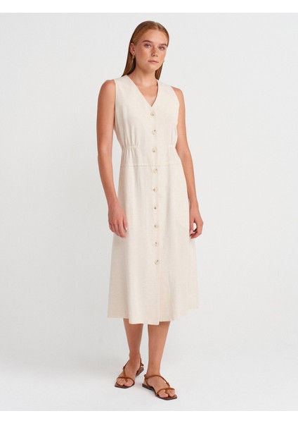 90922 V Yaka Kolsuz Elbise-Ekru