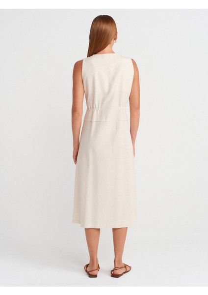 90922 V Yaka Kolsuz Elbise-Ekru fiyatları