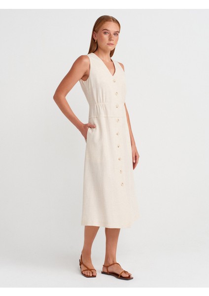 90922 V Yaka Kolsuz Elbise-Ekru fırsatları