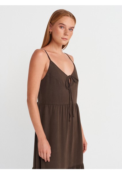 90575 Uzun Dekolte Denim Elbise-Kahve modelleri