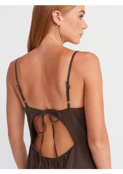 90575 Uzun Dekolte Denim Elbise-Kahve fırsatları