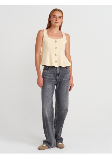 31979 Düğmeli Peplum Top-Açık Sarı fırsatları