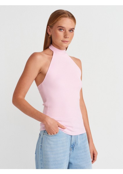 10798 Halter Bağlamalı Yaka Fitilli Triko Bluz-Pembe