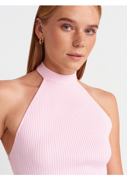 10798 Halter Bağlamalı Yaka Fitilli Triko Bluz-Pembe modelleri
