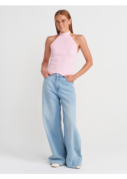 10798 Halter Bağlamalı Yaka Fitilli Triko Bluz-Pembe fırsatları