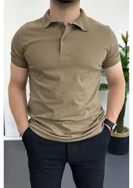 Erkek Slim Fit Düz Renk Pamuklu Soft Polo Tişört Açık Kahverengi EDW365