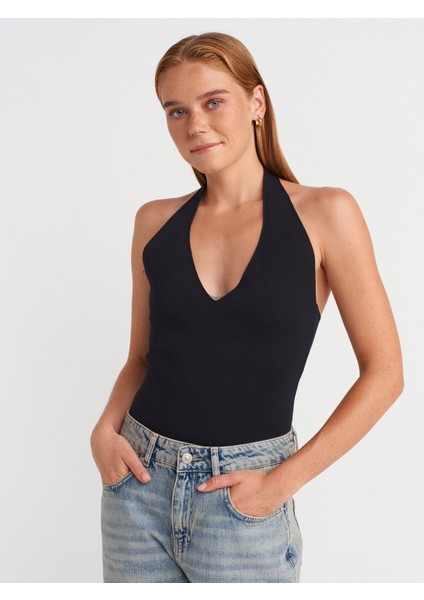 10794 Halter V Yaka Basıc Bluz-Siyah