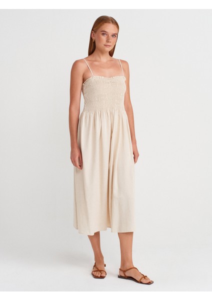 90923 Üst Kısmı Büzgülü Elbise-Ekru