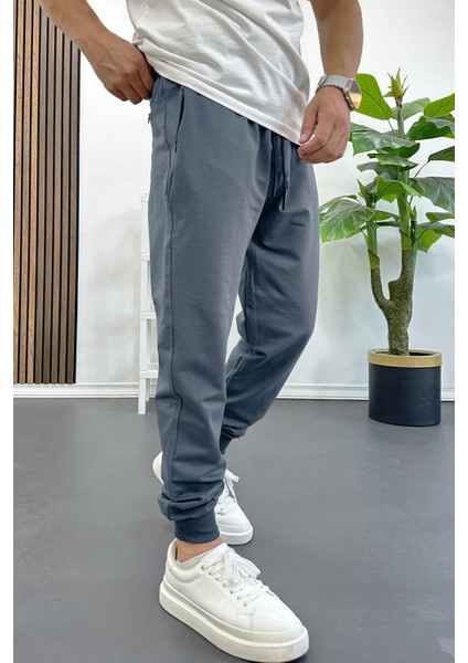 Erkek Regular Fit Dar Paça Lastik Paça Eşofman Altı Füme EDW406